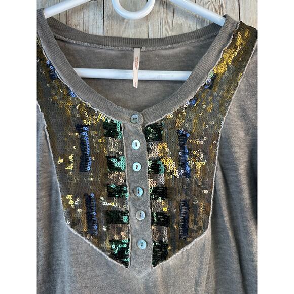 Free People Tiger Eyes Henley Shirt Womens S Taupe Brown Sequins Bohemian Boho - Picture 4 of 9